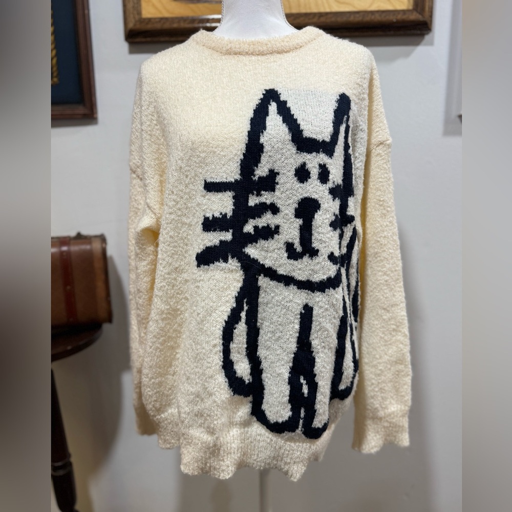 Aelfric Eden Womens L Hand Drawn Cat Graphic Stubby Knit peach Sweater EUC